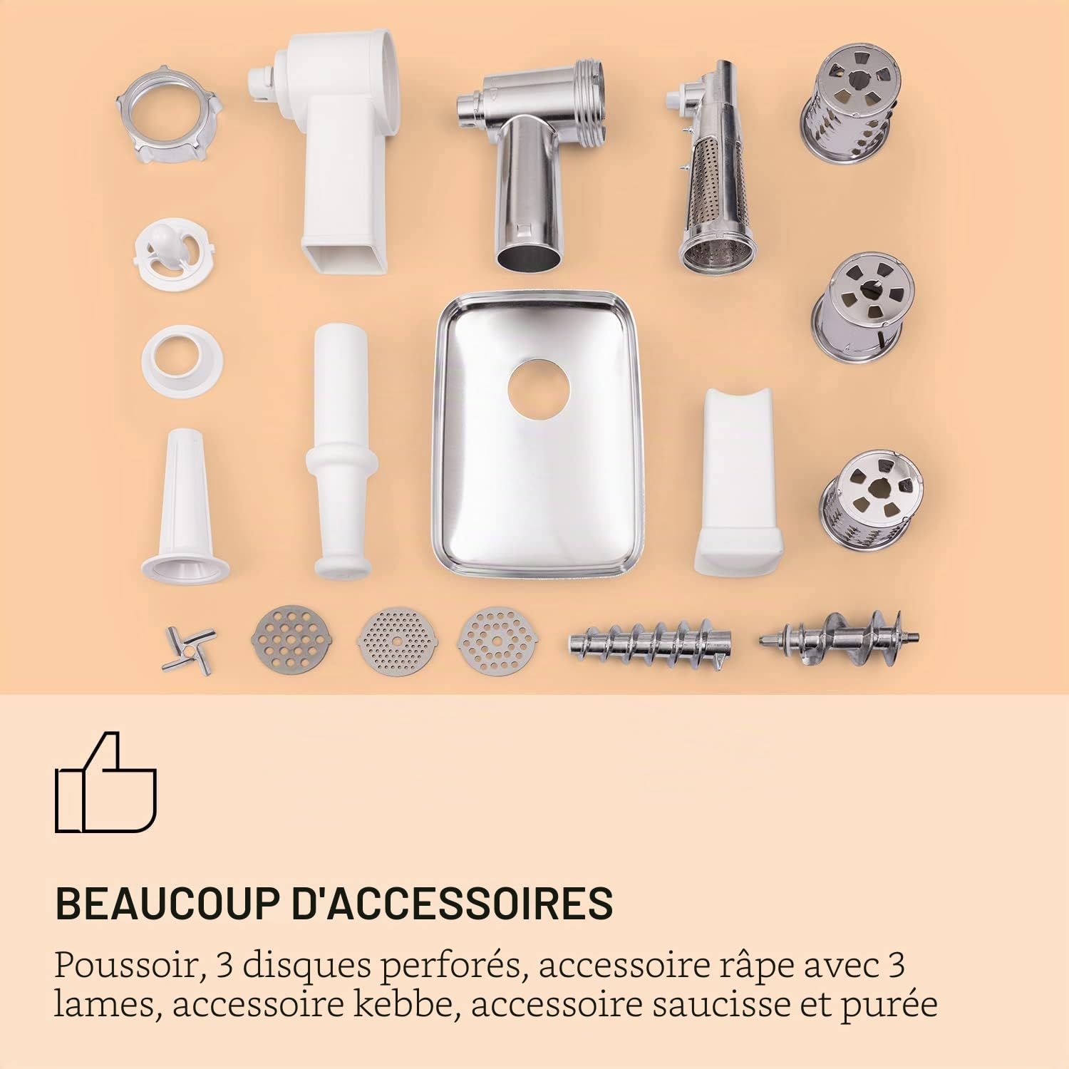 Klarstein Mighty Mince - hachoir à viande électrique - puissance 500 à 1361 W, hachoir électrique avec accessoires pour saucisses, kebbe et purée, presse-tomates, avec poignées - Blanc