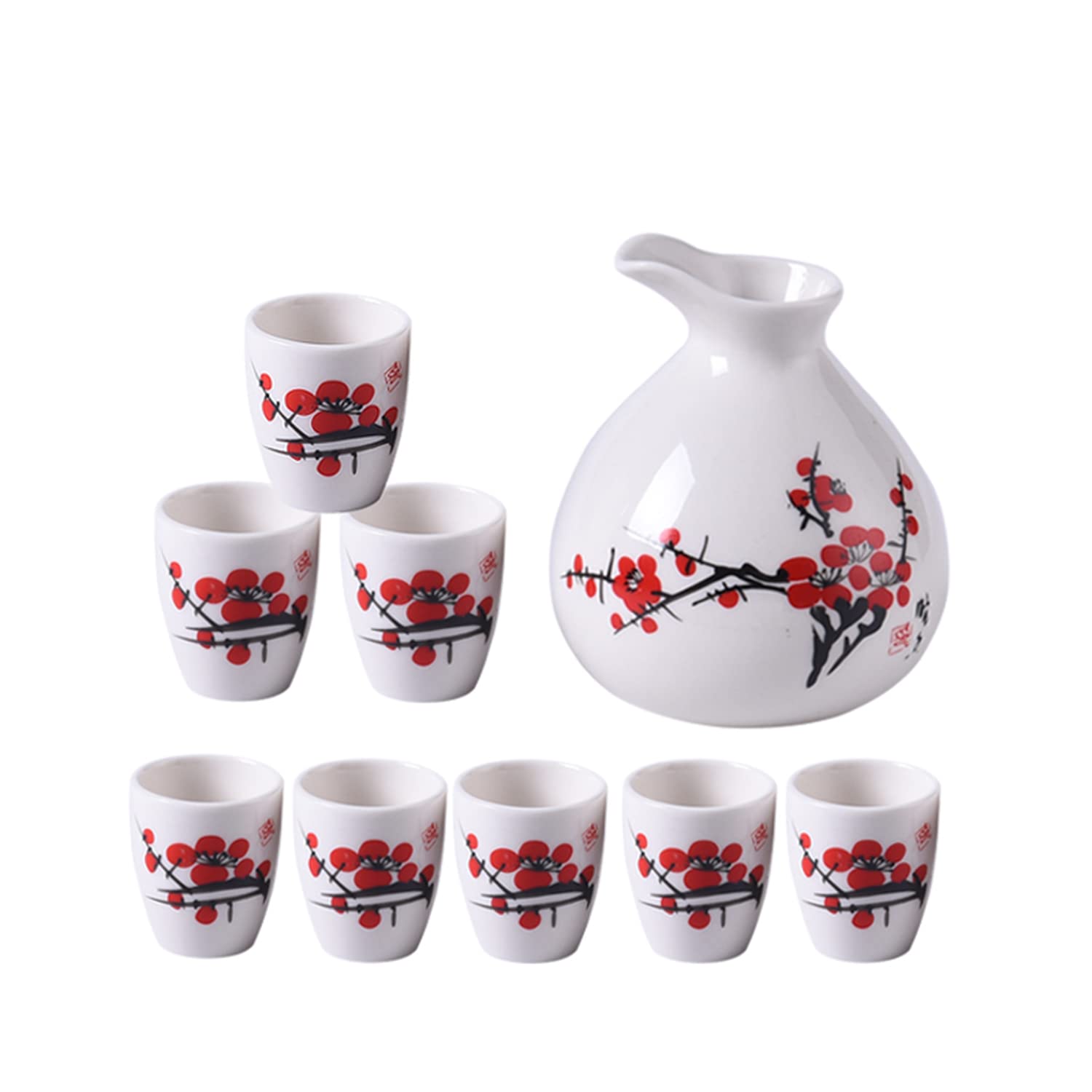 Set da 9 pezzi per sake, motivo a fiori di pruno rosso dipinto a mano Set tradizionale di tazze per sake in ceramica retrò, con 1 vaso per sake e 8 tazze per sake, design elegante Miglior regalo per