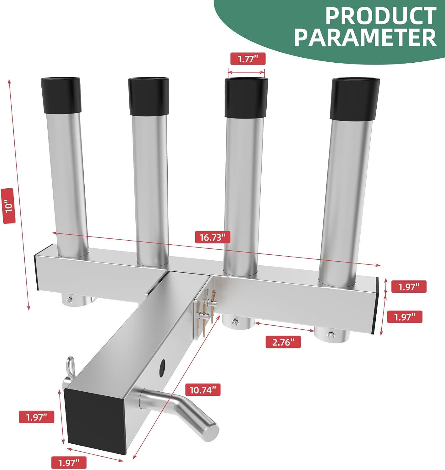 Stainless Steel Fishing Rod Holder Stainless Steel Fishing Pole Holder 4 Link Tubes, 2" Trailer Hitch Receiver & Quick Release Pin, Adjustable Truck Hitch Mount Fishing Rod Holder