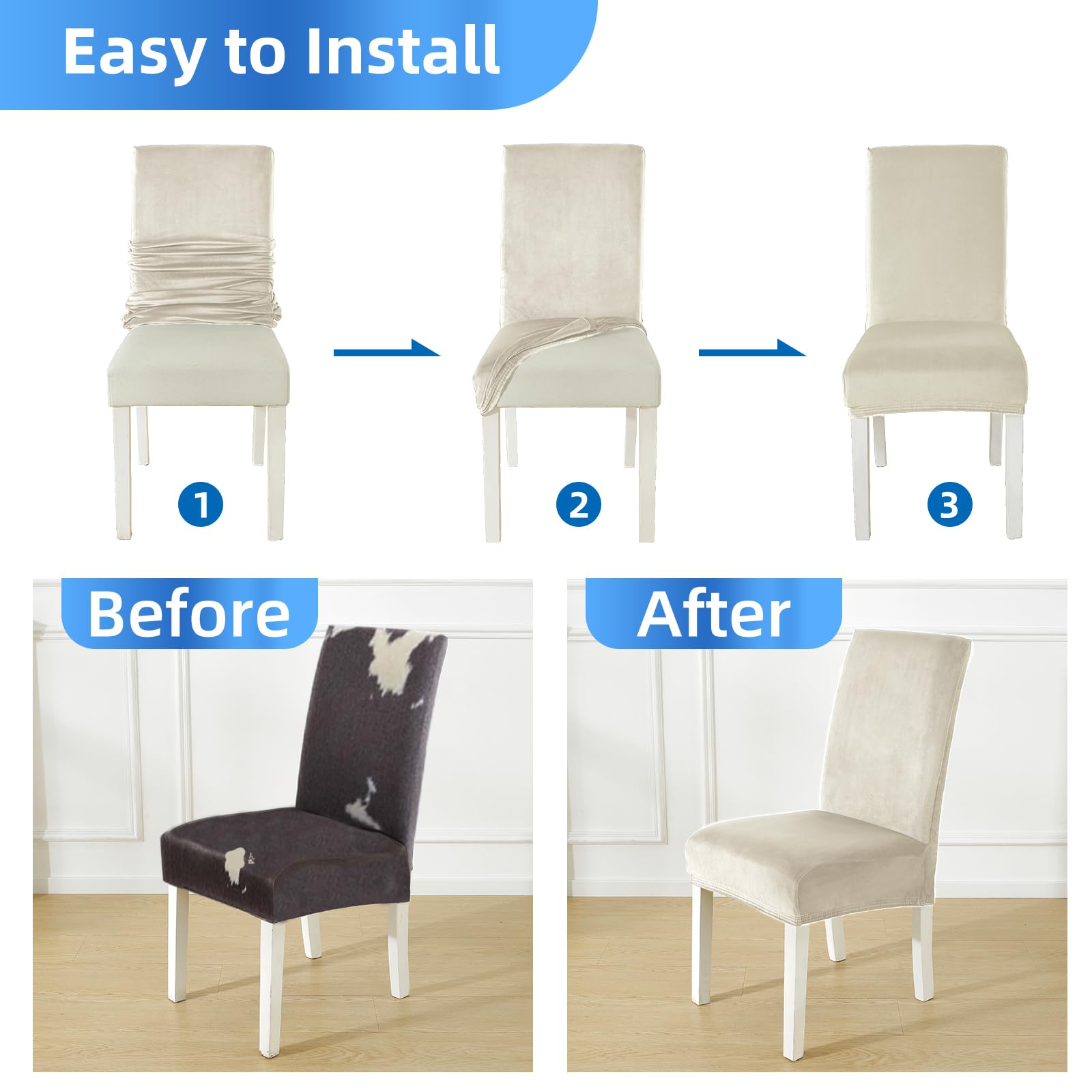 Stuhlhussen Samt 6er Set, Stretch Stuhlüberzieher, Stuhlbezug Schwingstuhl, Hussen Für Stühle Hochlehner, Stuhlbezüge Kratzfest, Universal Chair Cover Waschbarer, Beige