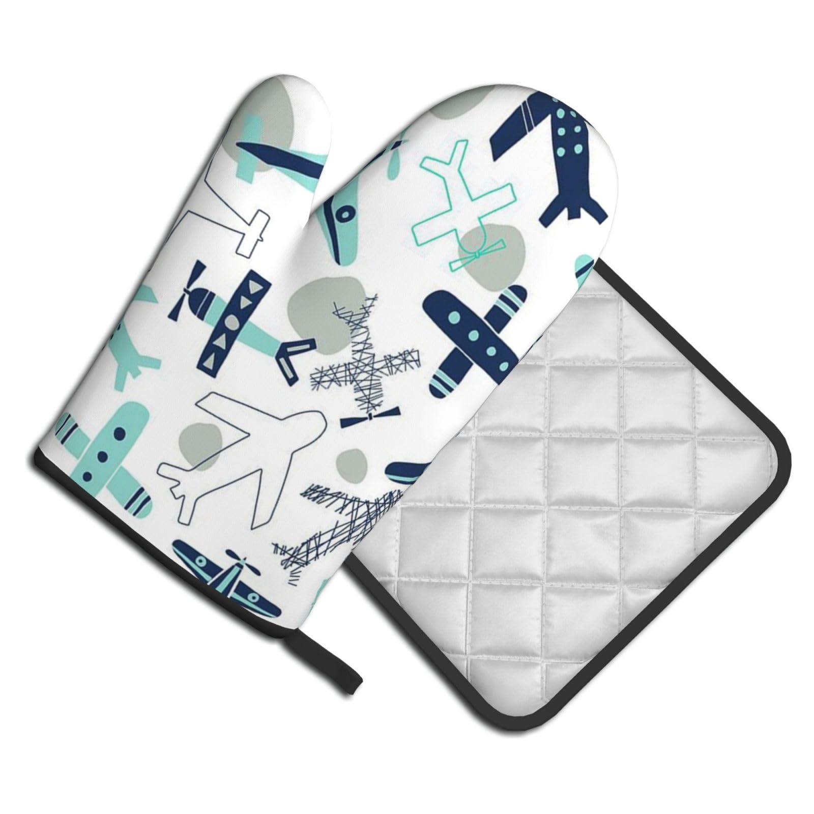Oven Mitts and Pot Holders Set of 2 Pcs, Airplane Printed Heat Resistant Kitchen Gloves Potholders for Cooking Baking Grilling