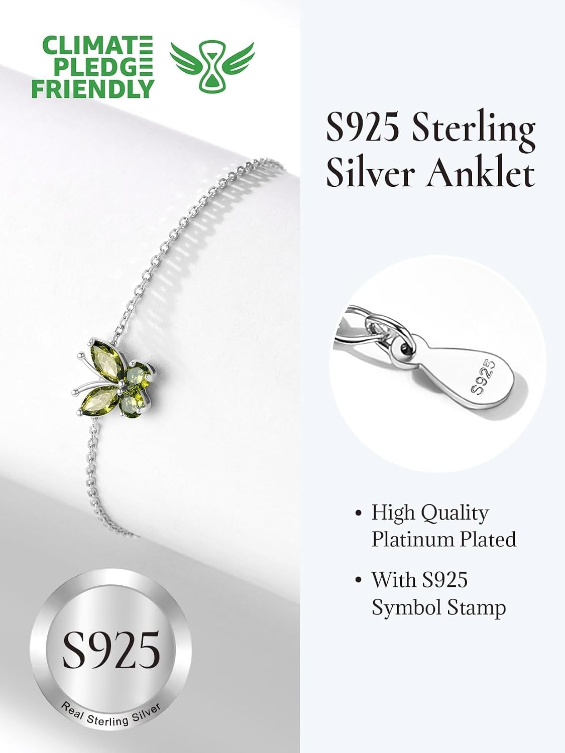 SILVERCUTE Silver Anklets for Women Cute Butterfly Jewelry 925 Sterling Silver Anklets Waterproof Summer Beach Foot Bracelet January to December Birthstone Anklet 22-27cm