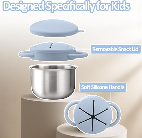 Miniatura 4 de BUSOHA Paquete de 2 vasos de acero inoxidable para niños pequeños, recipientes de aperitivos para bebés de 9 onzas a prueba de derrames con receptor