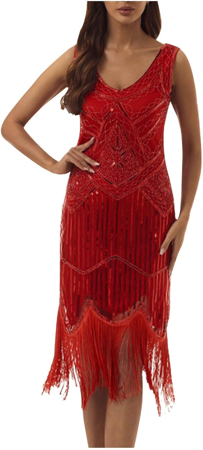 Women's 1920s Gatsby Dress Sequin Beaded Vintage Fringed Flapper Cocktail Party Evening Prom Gown Sleeveless Dresses