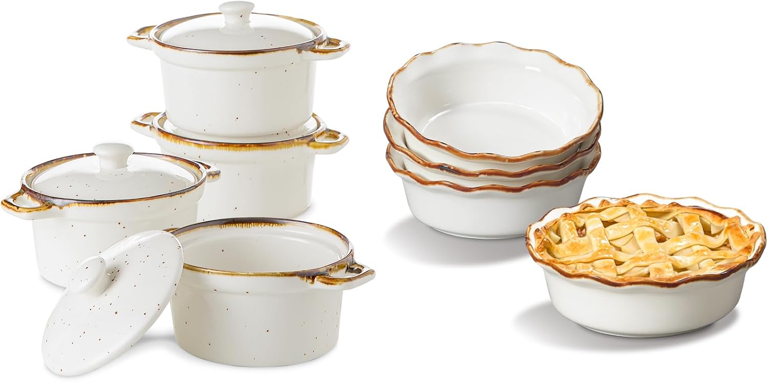 Versatile Ramekins with Lids & Small Pie Pans – Perfect for Baking, Serving, and Storing – Sturdy, Oven Safe, Ideal for Creme Brulee, Pies, and Desserts – Set of 8, Easy Cleanup