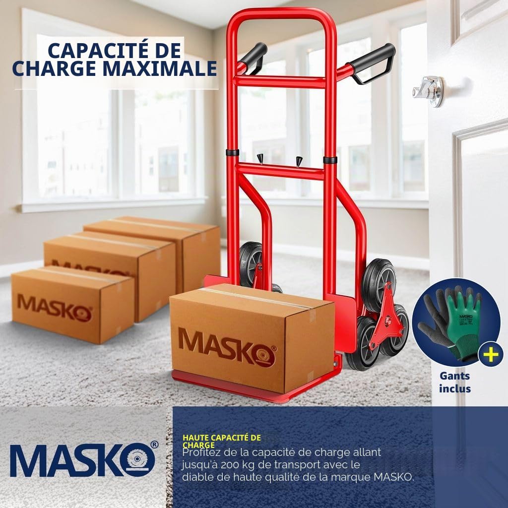 MASKO® Diable pour escaliers Diable 200kg, Pliable Pneus en Caoutchouc Dur | Poignées en Plastique | Cadre en Acier - Rouge