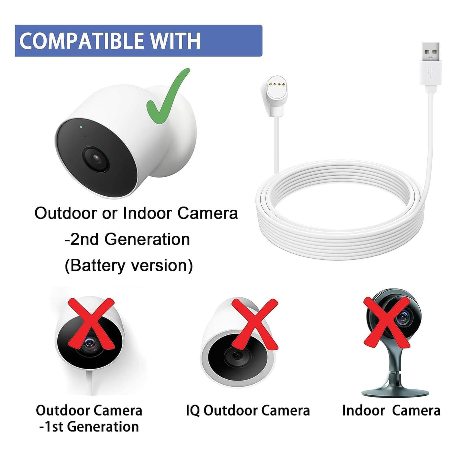 Paquete de 2 cables de carga de alimentación USB de 10 m, cable de carga más grueso, compatible con cámara Google Nest Cam (versión de batería), cable de carga extendido, resistente a la intemperie