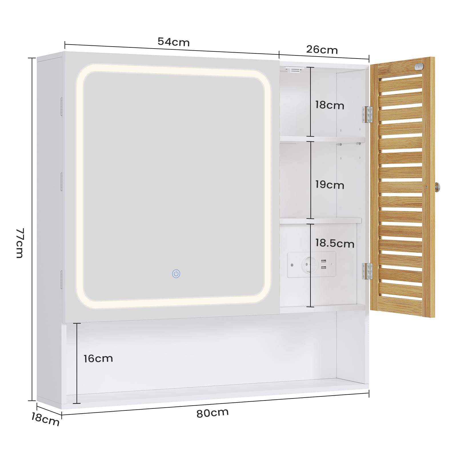 Spiegelschrank Bad mit LED-Beleuchtung & Steckdose 80cm Breit, Badezimmerschrank mit HD-Spiegel, Verstellbarer Ablage, Berührung Sensorschalter, Badschrank, für Badezimmer, 80×16×77cm, Weiß