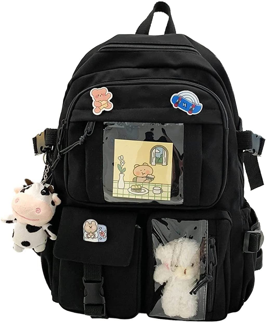Ljtao Women's Black-C Lovely Pastel Rucksack，Kawaii Backpack For Teen Girls Aesthetic Student Bookbags With Kawaii Pin And Cute Accessories Book Bag (Color : )