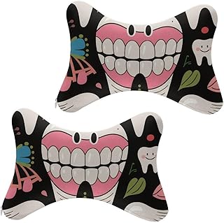 Supdreamc Car Seat Neck Pillow Funny Teeth Dental Art Neck Pain Relief Cervical Support Travel Neck Pillow, Neck Support Headrest Pillow for Car Office Travel (2 Pack)