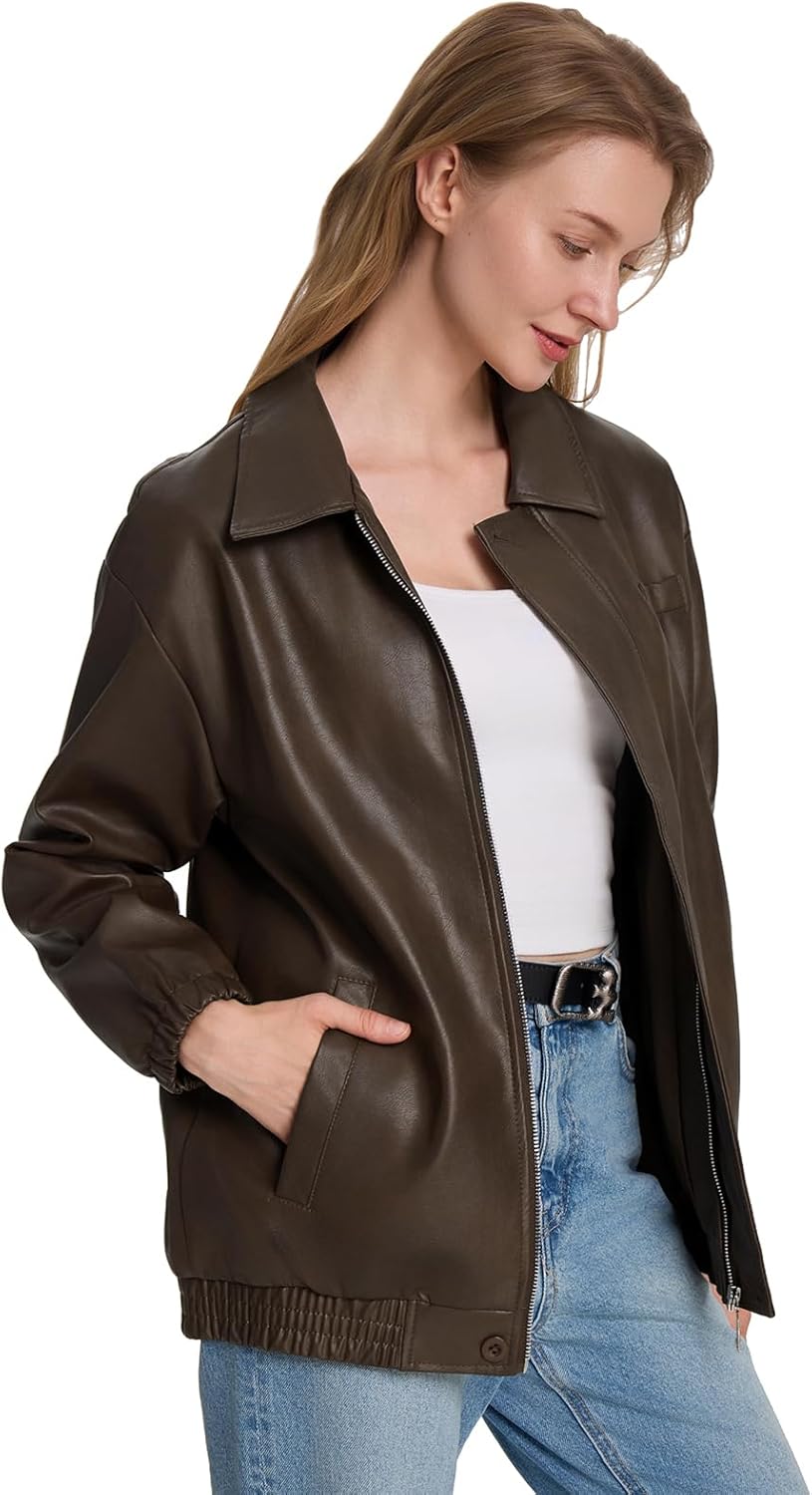 Womens Oversized Faux Leather Winter Bomber Jackets For Women Y2k Fashion Motorcycle Going Out Jacket Coffee XL - Image 4
