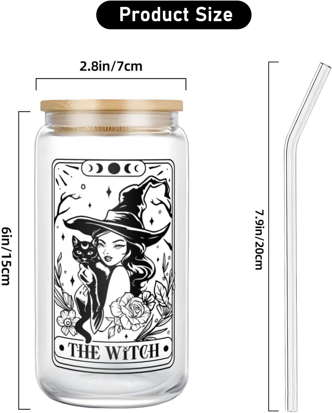 Witchy Gifts for Women 16oz Cute Glass Cups with Lids Black Cat Spooky Goth Gifts Reusable Cute Iced Coffee Cups Tumblers for Women