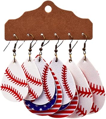 3 Pairs Lightweight Leather Earrings Set Bohemian Football Basketball Baseball Drop Dangle Earrings Unique Sparkly Glitter Ball Earrings Sports Jewelry for Women