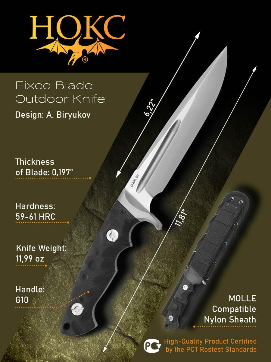 HOKC Jaguar-M D2 | 602-100426 | Hunting Knife, Tactical Knife by Official Dealer - Designed by Russian Master Aleksander Biryukov - Advanced Guard, G10 Handle, Full Tang Construction, Long and Durable D2 Stainless Tool Steel, Satin Finished - Ideal for Camping & Hunting