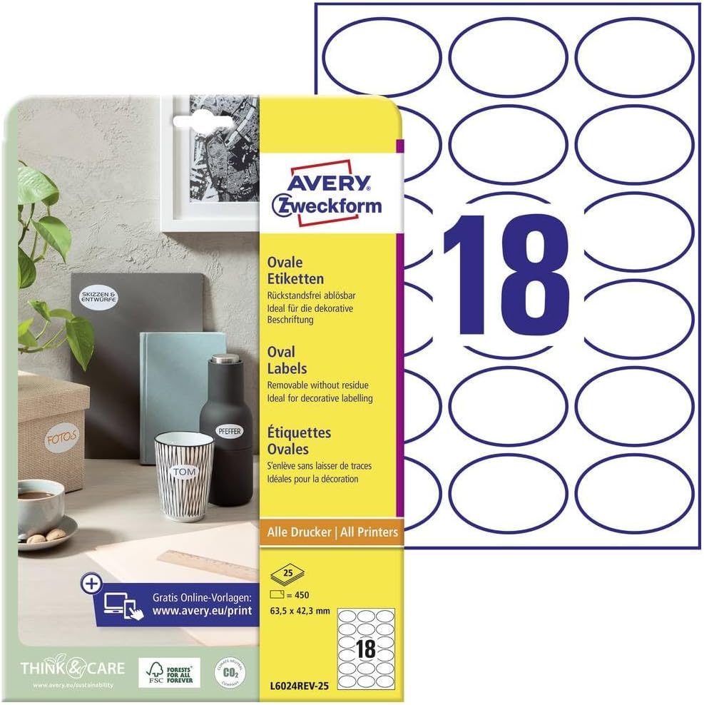 Avery L6024REV-25 Removable Labels (A4 Sheets of 63.5 x 42.3 mm, 18 Labels per Sheet, 25 Sheets) - White