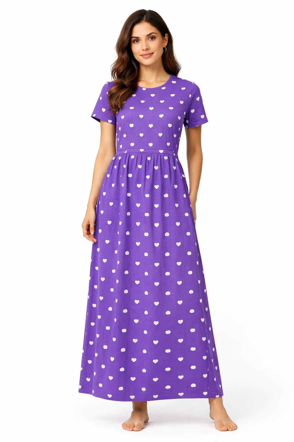 Queen Wear Women Maternity & Feeding Nighty Maxi Dress | Purple White Heart Print Night Gown | Shoulder Buff Puff Sleeve | Back Rope Tie | Right Side Pocket | Pull-On Feeding Pregnancy Sleepwear XL-picture-10