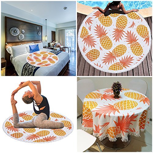 Round Pineapple Beach Towel Blanket, Oversize Yellow Microfiber Circle Yoga Camping Picnic Beach Towel for Adults, Soft Sand Free Quick Dry Mat Tapestry Fringe Pineapple Gifts for Women Girl, 59” - Image 3