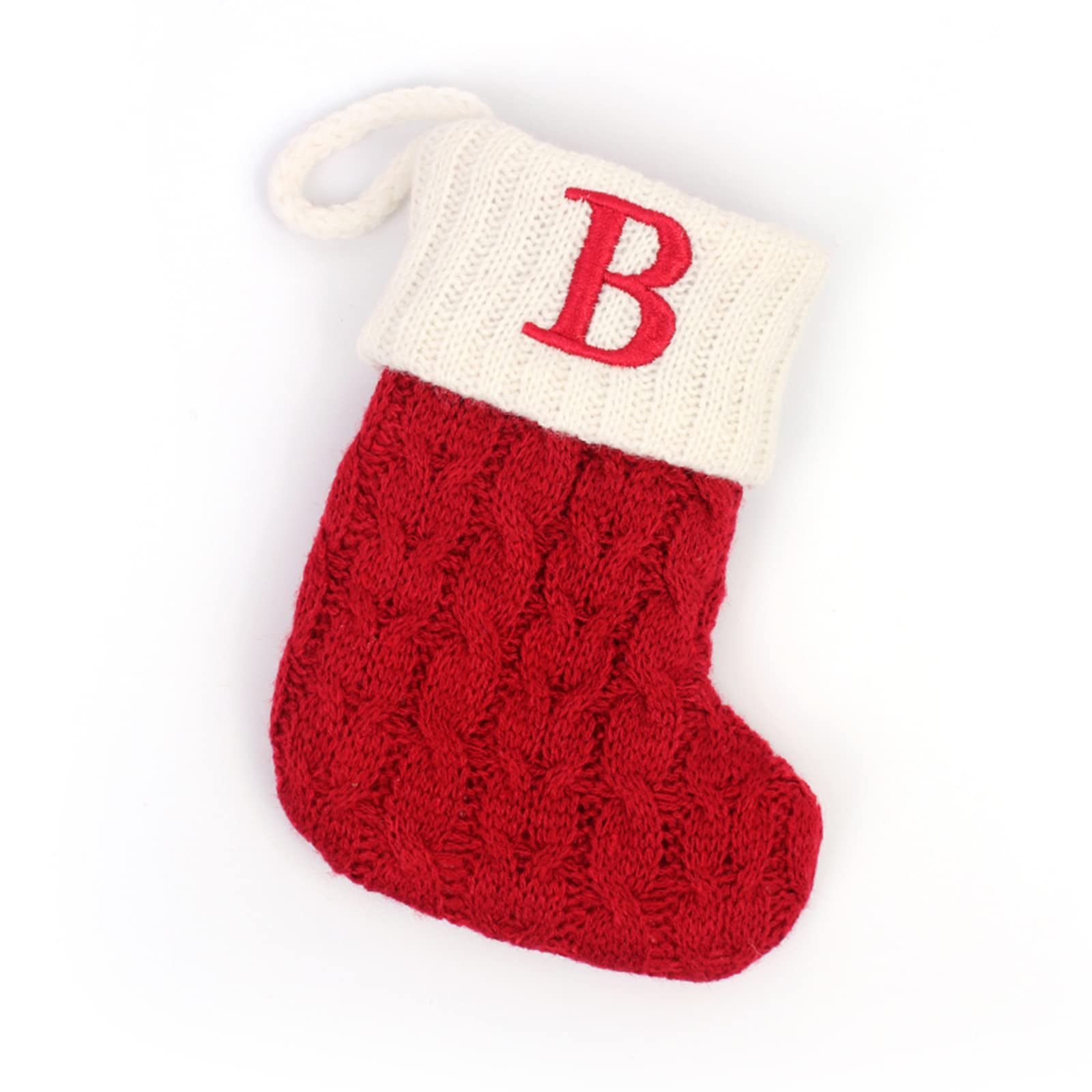 Initial Letter Christmas Stocking White Snowflake Knitted Christmas Tree Stockings Decorative Sock Hanging Ornament for Mantel Fireplace (Red B, 7inch)