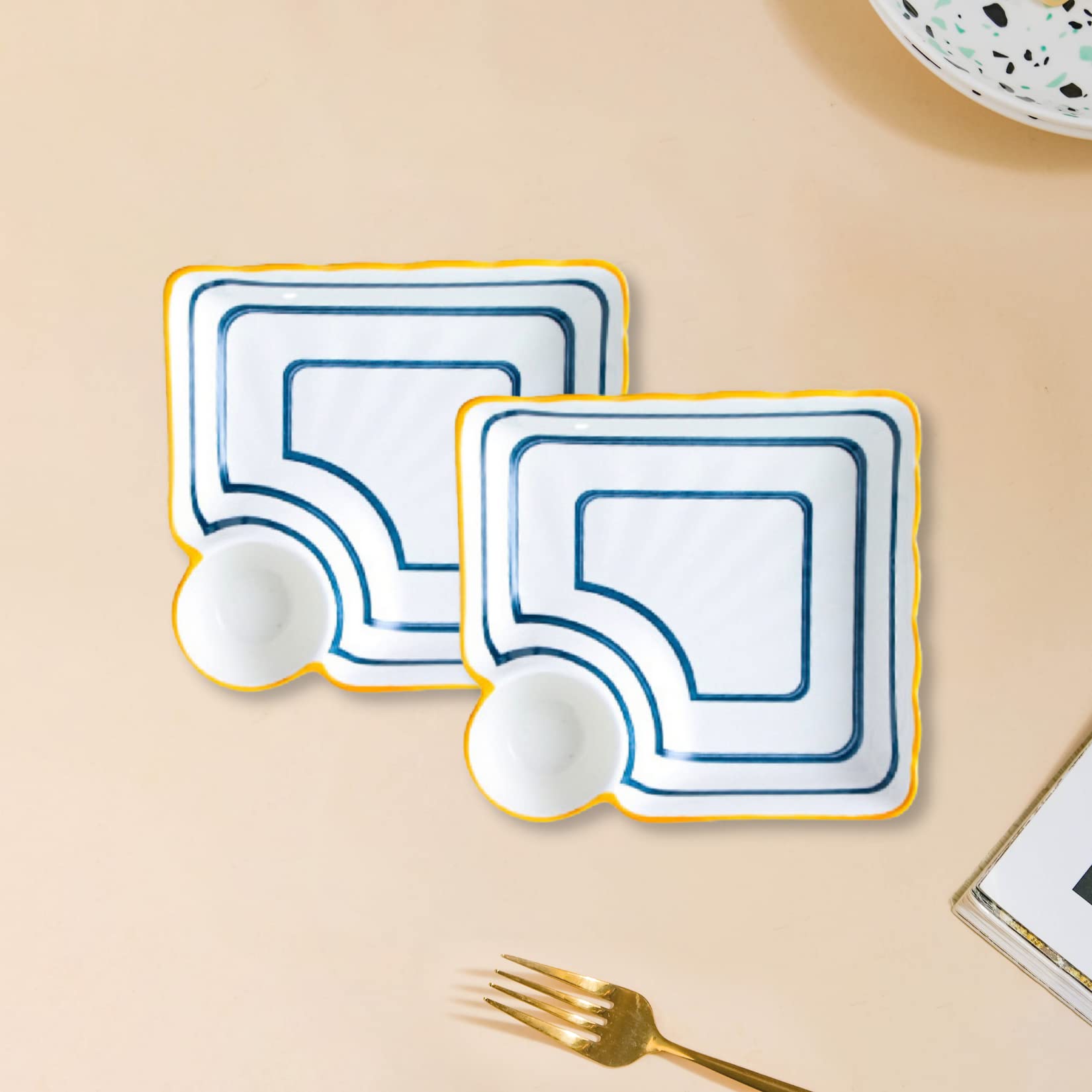Nestasia Set of 2 Ceramic Chip and Dip Snack Plate with Dip Section | Microwave & Dishwasher Safe Starter Plates | Perfect for Fries, Momos, Sushi, Kebab (White & Blue)