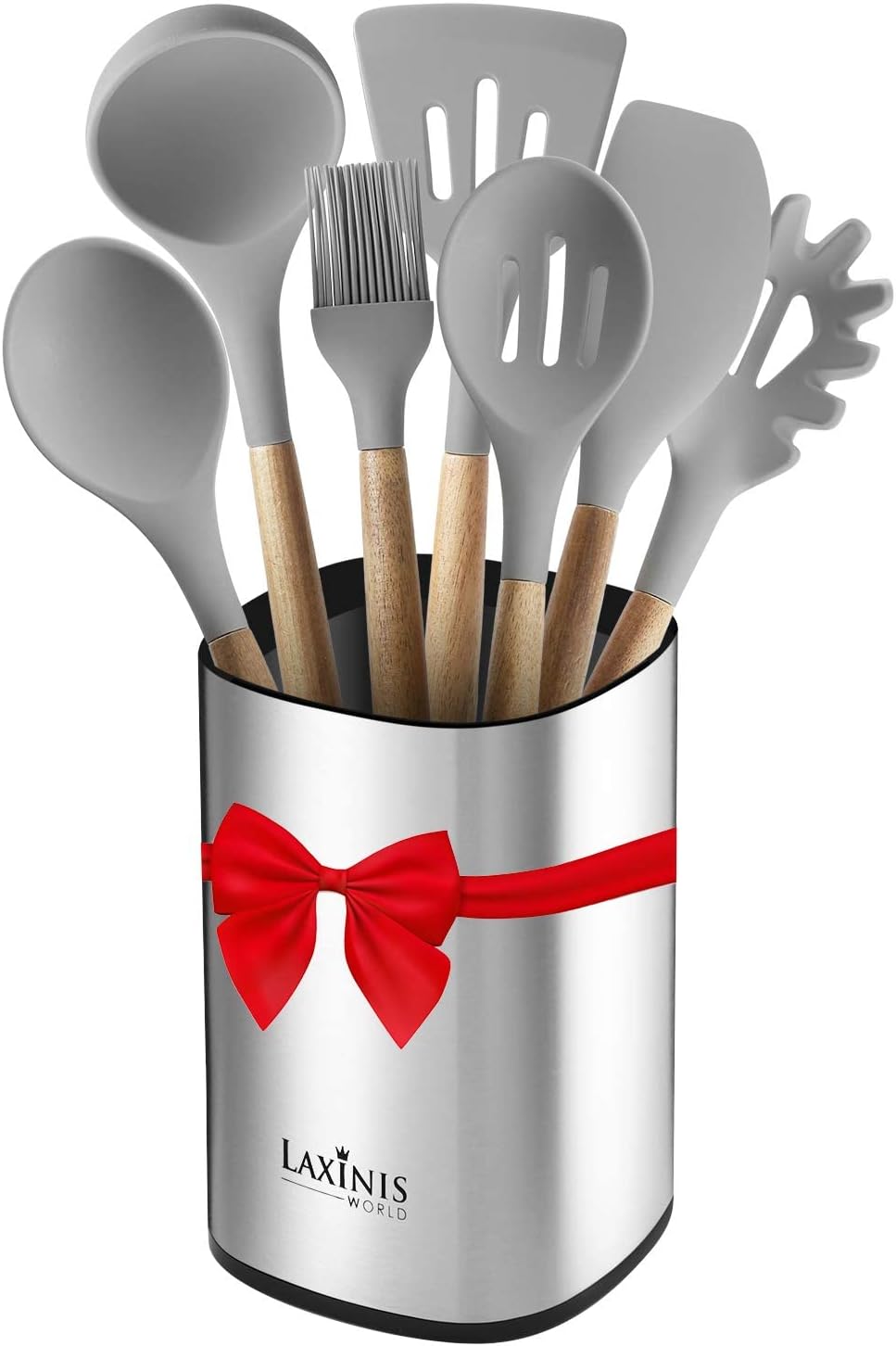 Laxinis World Stainless Steel Kitchen Utensil Holder, Kitchen Caddy, Large Utensil Organizer, Modern Rectangular Design, 6.1” by 5” Utensils Crock (utensils not included)