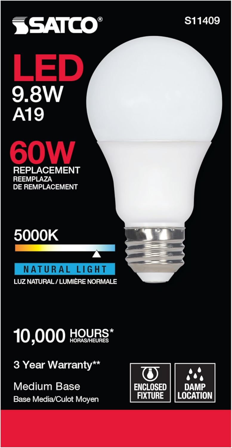 Satco 11409 9.8W LED A19 Light Bulb, 60W Replacement, 5000K Natural White, 800 Lumens