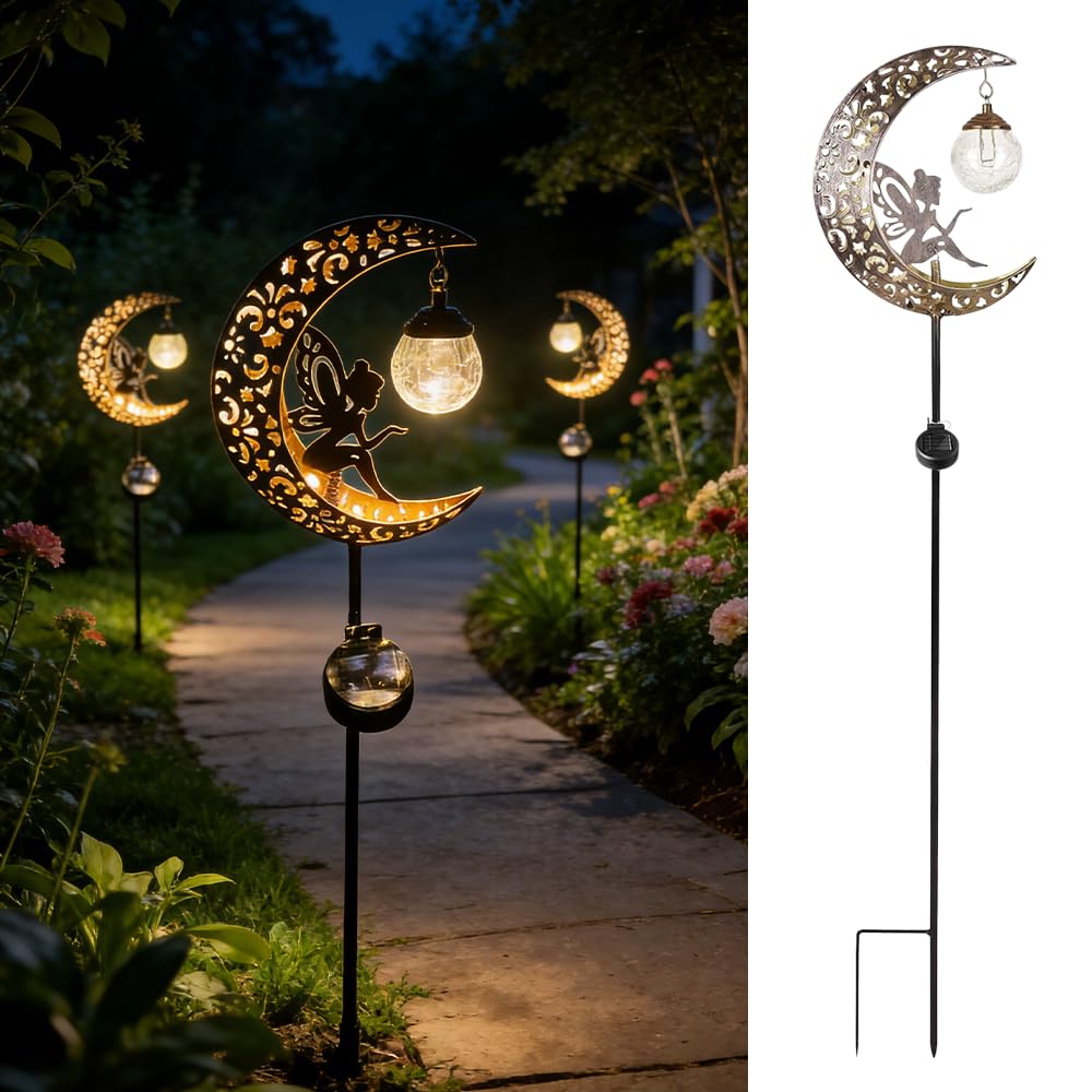 SGZIOO Solar Lights Outdoor Garden Ornaments, Tinkerbell Solar Light, Fairy Moon Solar Garden Lights, Warm LED Metal Stake Lights, Waterproof Outdoor Decorations for Pathway, Lawn, Patio, Balcony