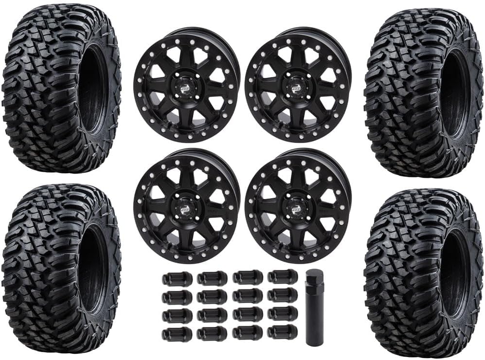 Tusk Set of 32x10-14 TERRABITE Heavy Duty 8-Ply Radial UTV Tires mounted on CASCADE Wheels - Compatible with POLARIS applications - 4/156 bolt pattern - Includes Lug Nuts (4+3 Offset Matte Black)