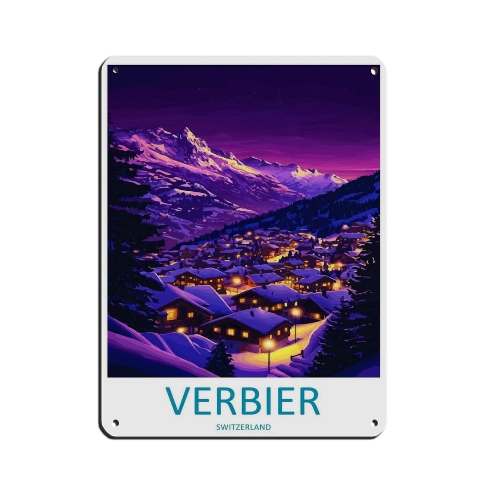 Verbier Travel Poster Ski Resort Alpine Landscape Tin Sign Vintage Metal Pub Club Cafe Bar Home Wall Art Decoration Poster Retro 12x16inch(30x40cm)