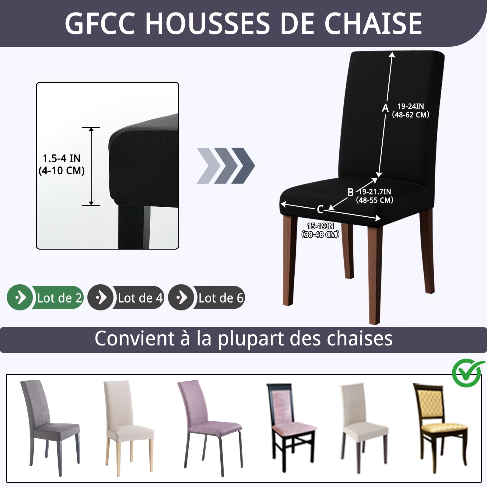 GFCC Housse de Chaise Lot de 2 Extensible, Bande Élastique, Recouvre Chaises Noir