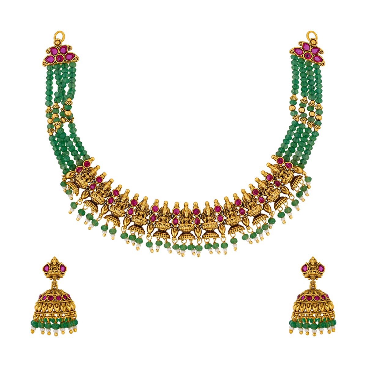 kushal's Fashion Jewellery Ruby-Green Gold Plated Antique Necklace Set with Jhumka Earrings for Women | Adjustable Thread | Festive, Bridal & Occasion Wear - 453115-picture-43