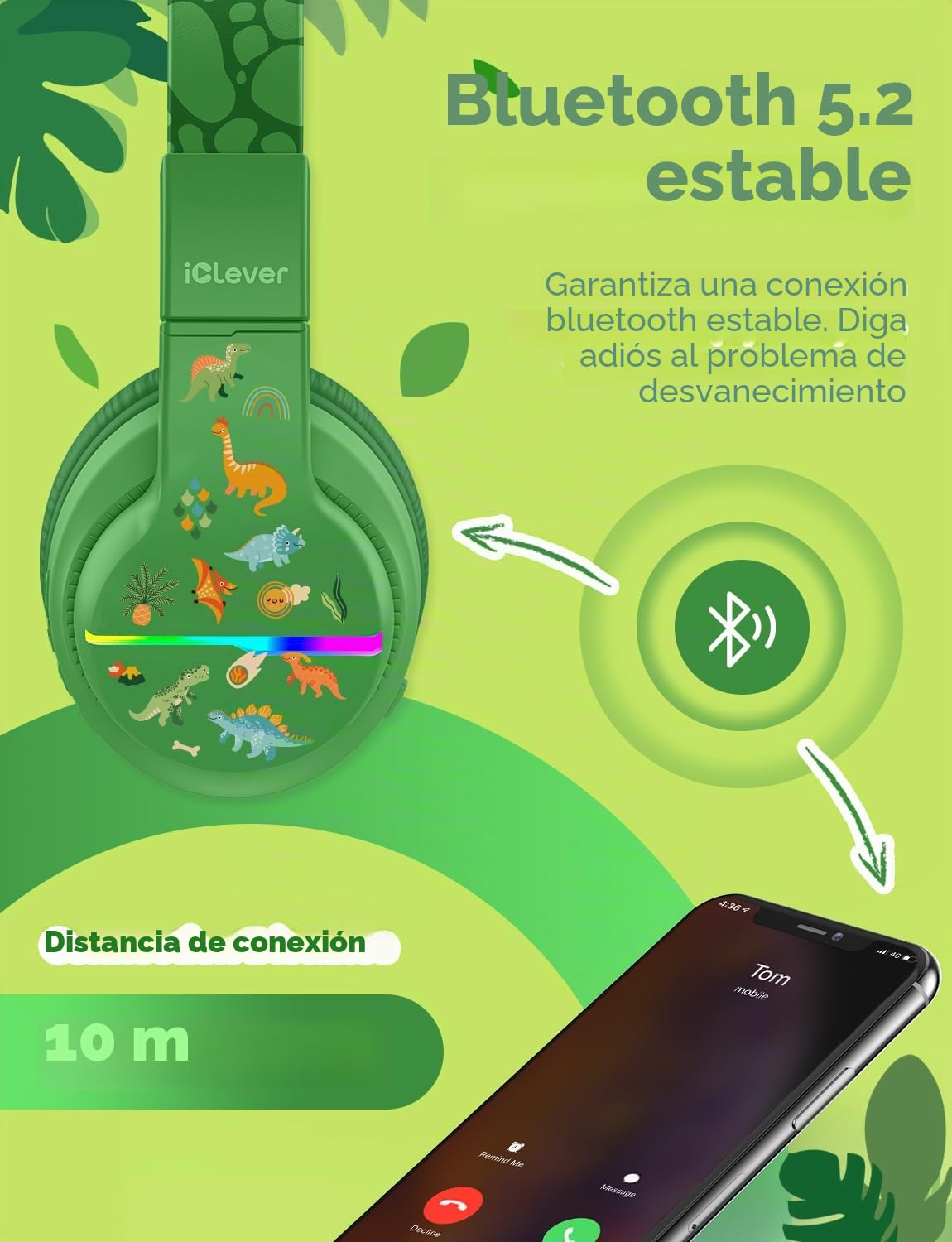 iClever BTH12 - Auriculares Bluetooth para niños, luces LED coloridas, inalámbricos, volumen seguro, tiempo de reproducción de 85 horas, Bluetooth 5.2