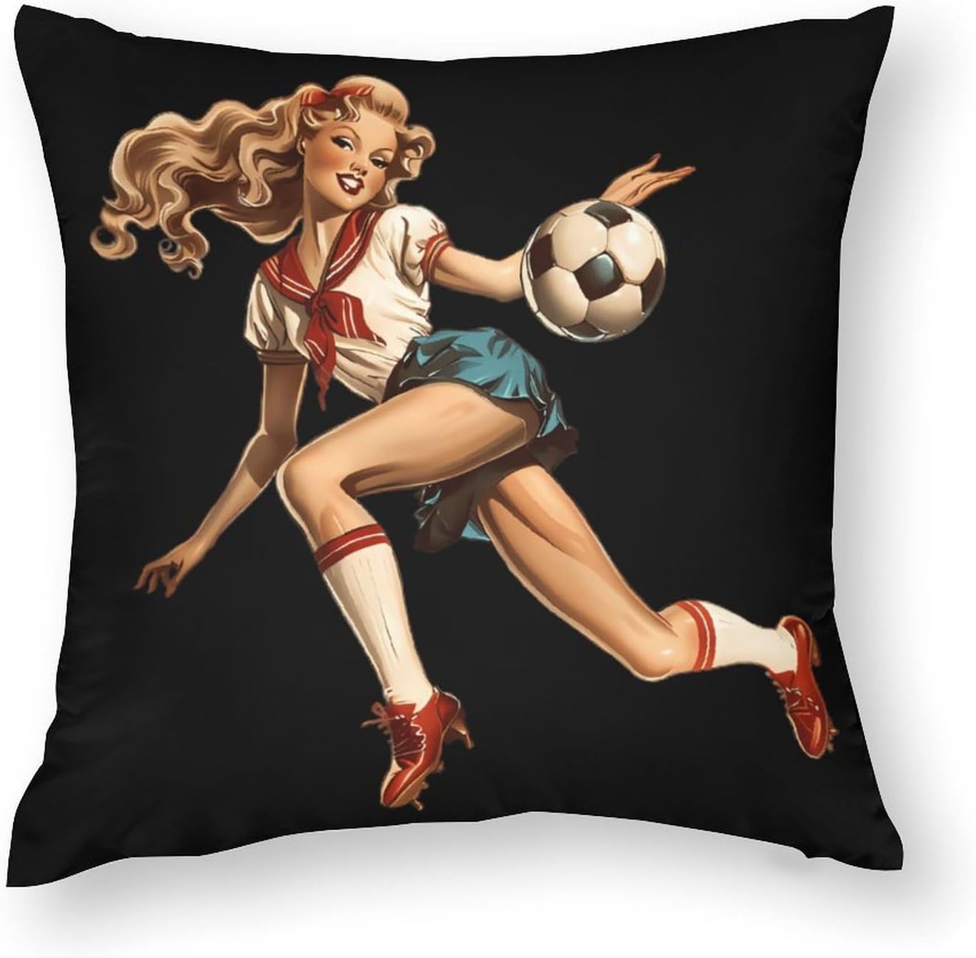 Vintage Pinupgirl Playing Soccer Printed Throw Pillow Case 4 Pcs Soft Pillowcases Pillows Covers Sofa Bed Decor 12/14/16/17/18/20/22/24/32 Inches
