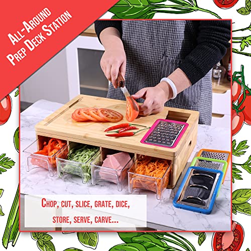 Gespink Bamboo Cutting Board With Containers, Removable Surface Cutting Board With Drawer Bins, Prep Deck Station Chopping Board With Storage Tray, Cutting Board With Compartments, 4 Graters #TOP3