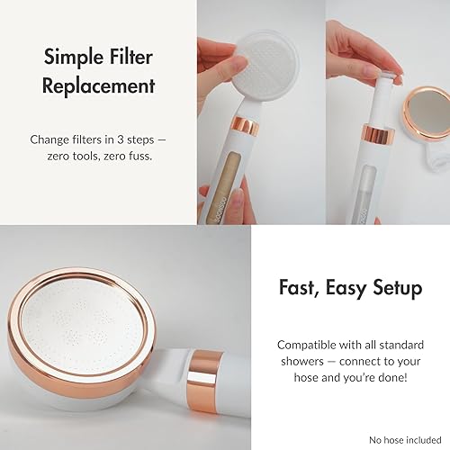 Miniatura 7 de Cabezal de ducha doble con filtro NSF de agua dura (6 etapas), fabricado en Corea, oro blanco y rosa