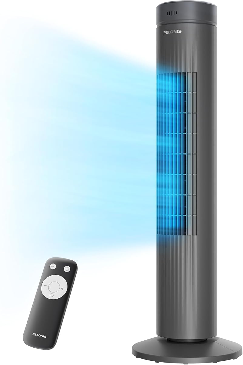 PELONIS Ventilador de torre oscilante de 30 pulgadas para dormitorio – Ventilador de torre silencioso de 3 velocidades, 37 dB con control remoto y temporizador de 7 horas – Certificado ETL, gris
