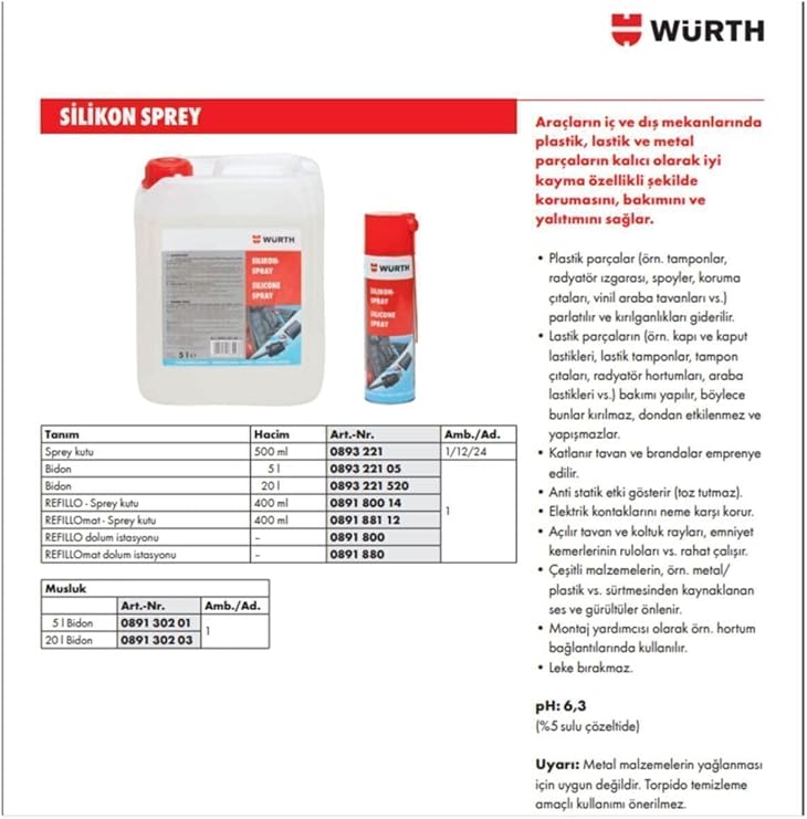 Würth Silikon Sprey 500 Ml / 2'Li Paket/Alman Üretimi