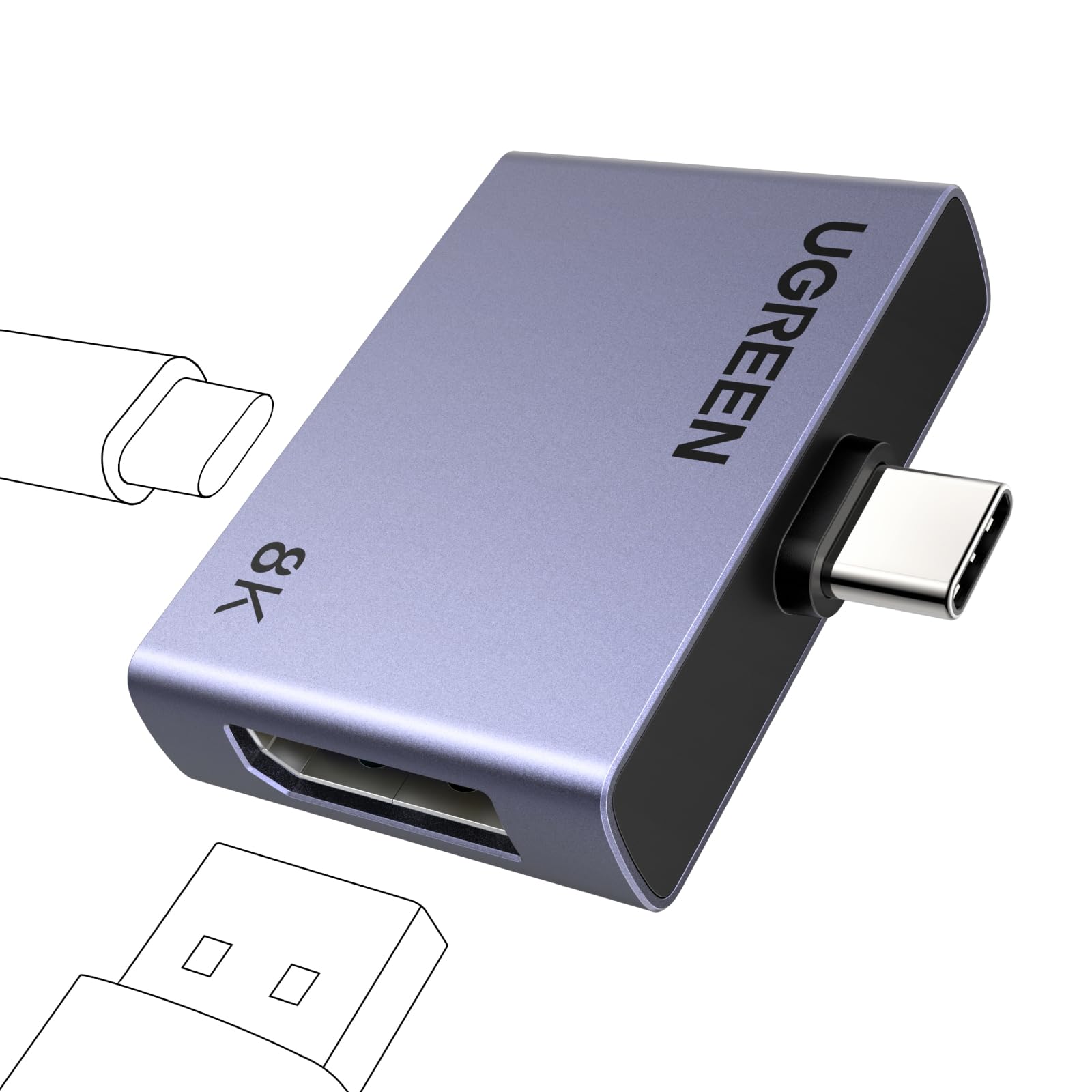 UGREEN USB C auf Displayport Adapter PD 100W 8K@60Hz 4K@240/144/120Hz HDR VRR USB-C Stecker DisplayPort Buchse Thunderbolt 4/5 DP 1.4 kompatibel mit iPhone 17 MacBook Pro Air M2 Mac mini M4 iPad