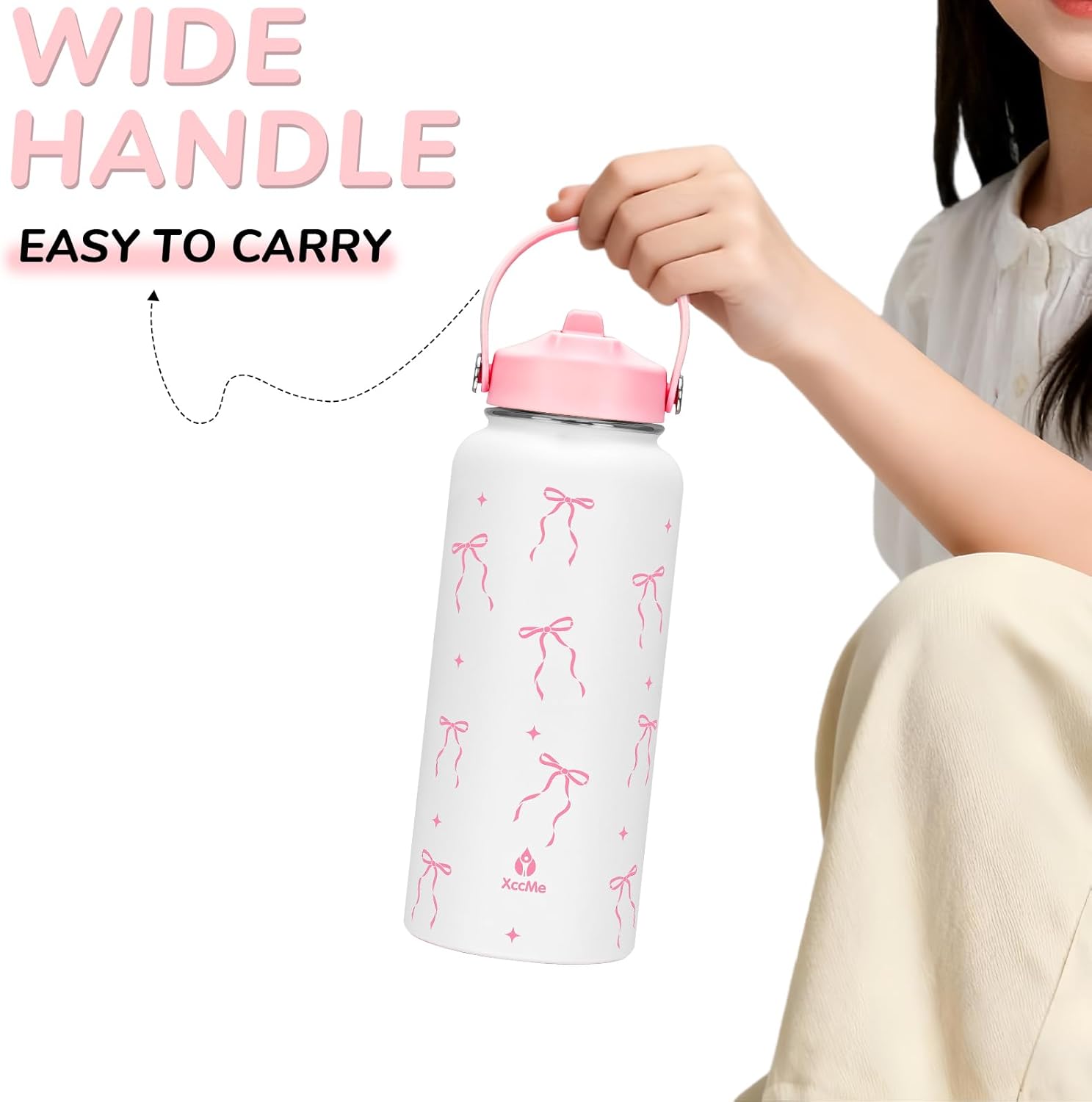 32 oz Insulated Water Bottle with Lid,Pink Bow Stainless Steel Water Bottl with Flip Straw and Handle,Gifts for Women Girls Teens Birthday Christmas,Leak Proof Cute Metal Water Bottle - Image 6