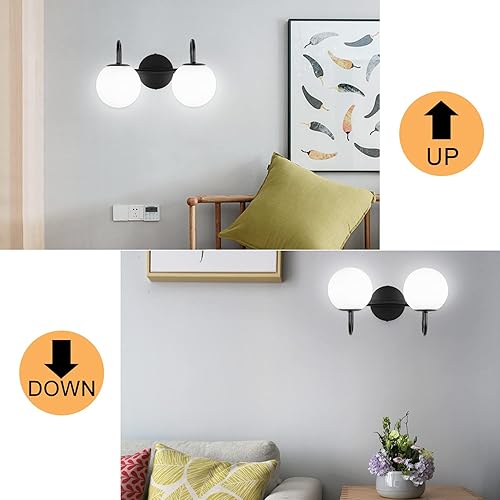 Miniatura 3 de Luces de tocador modernas de mediados de siglo para baño, marco de metal negro y globo de vidrio esmerilado blanco leche, 2 luces, aplique de pared,