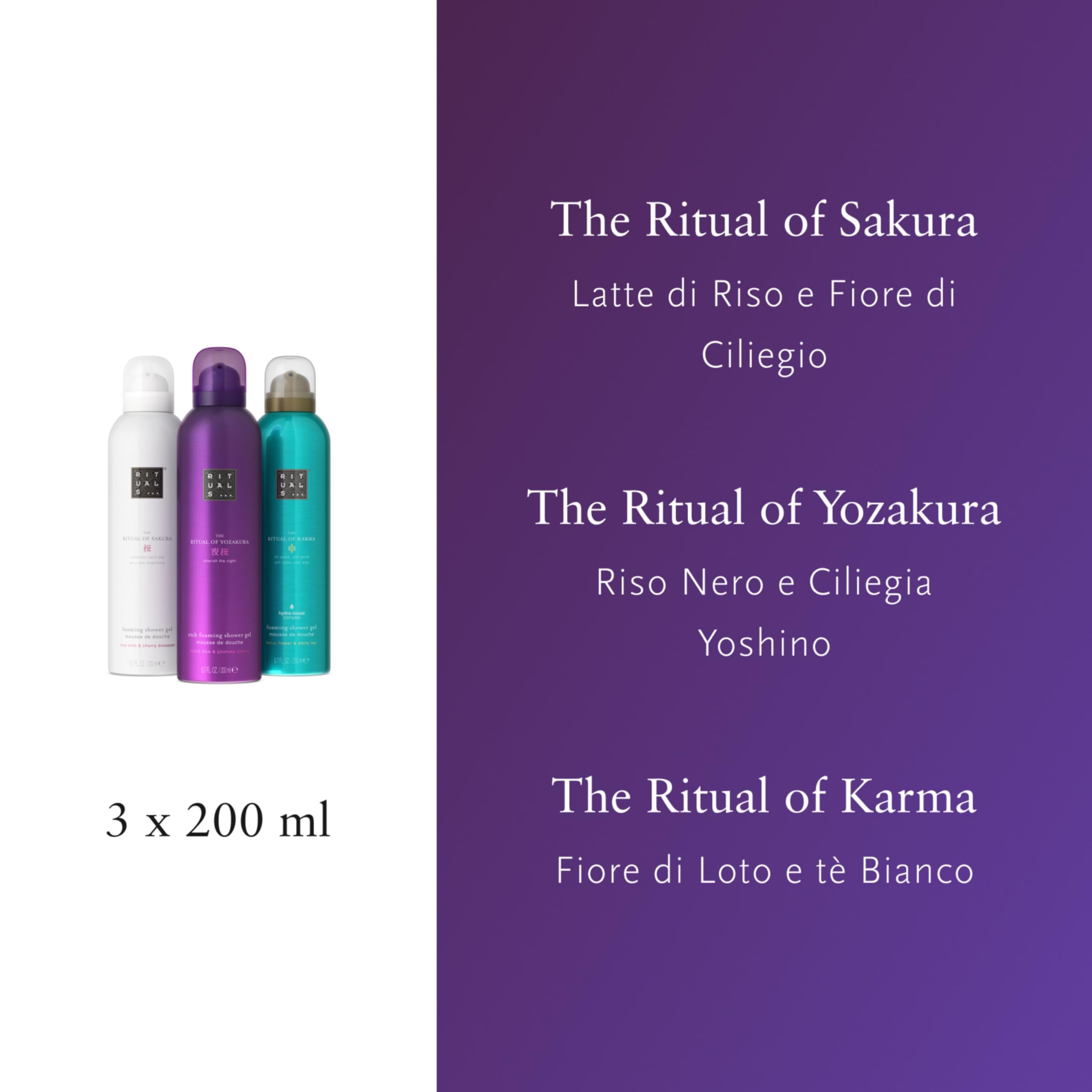 RITUALS Espuma de Ducha – Set de Regalo de Lujo con Flor de Cerezo y Leche de Arroz, Té Blanco y Flor de Loto, Cerezo Yoshino y Arroz Negro, 3 x 200 ml