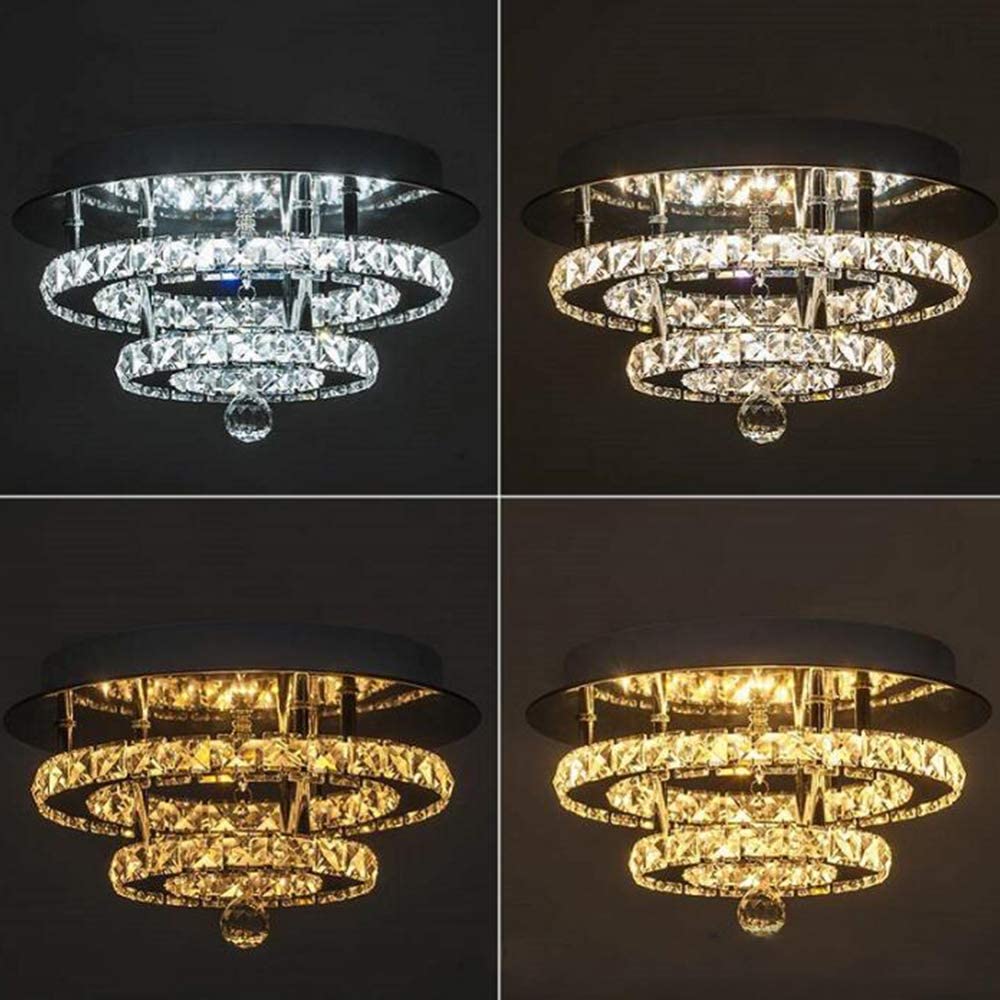 Cristal Plafonnier Lustre LED 36W Rond Plafonnier Dimmable Avec Télécommande Moderne Salon Pendentif Lampe Chambre Salle À Manger Couloir Éclairage Intérieur Extérieur Argent