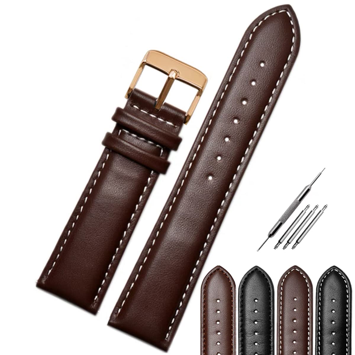 Strapseeker Jaxon Top Grain Padded Leather Rose Gold Pin Buckle Watch Strap Premium Watch Band Replacement for Men & Women Watchband with Stitches Brown Black Color Compatible Most Watches Choose