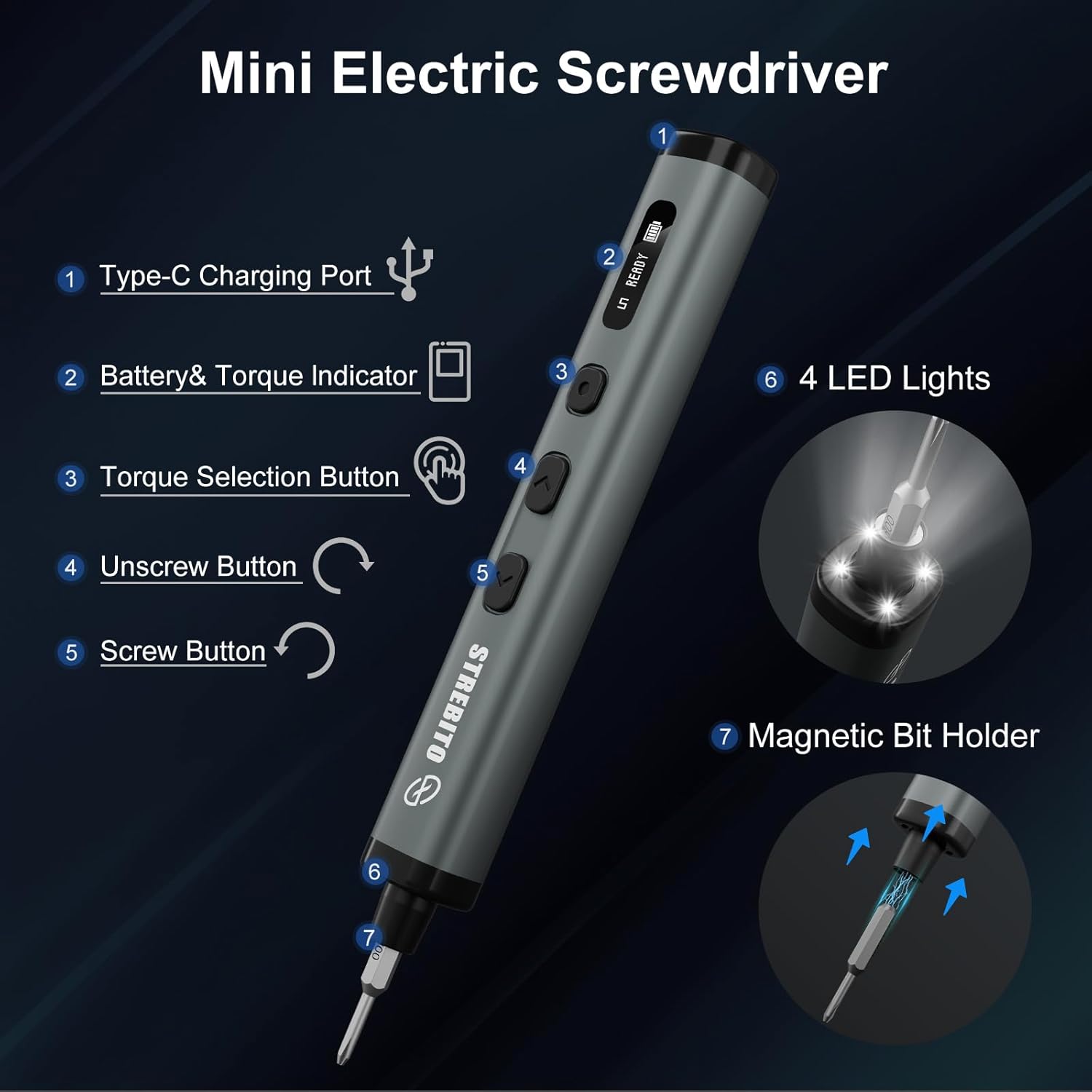 STREBITO Mini Electric Screwdriver, 78 IN 1 Cordless Screwdriver Set with 72 S2 Bits, 5-Gear Torque Adjustment, Digital Display Screen, Repair Tool Kit for Phone, Watch, Laptop, Camera