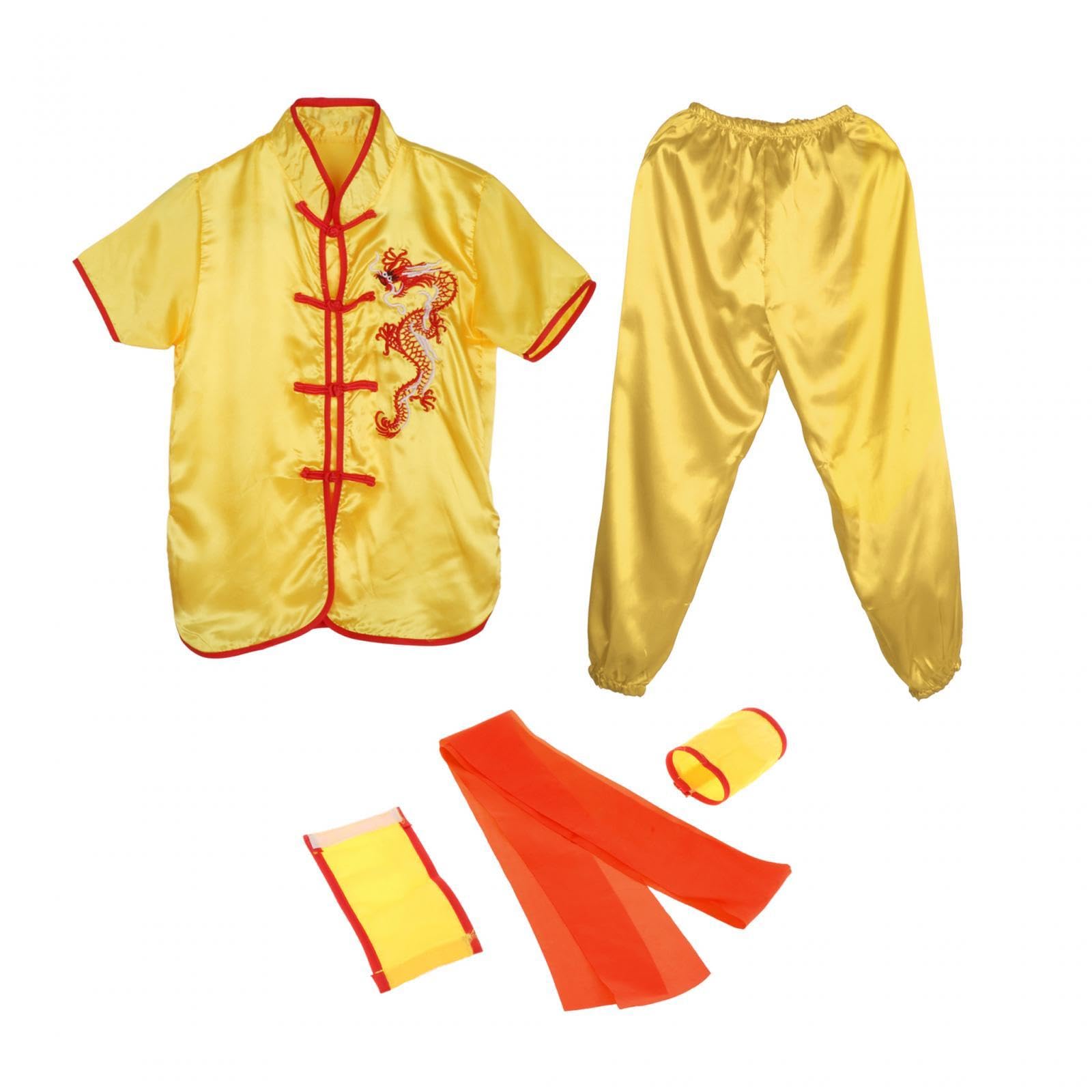 Geardeangloow Traditionelles chinesisches Wushu-Kostüm für Erwachsene, Kinder, Damen, Jungen, Mädchen, Gelb, 110 cm, 110 cm