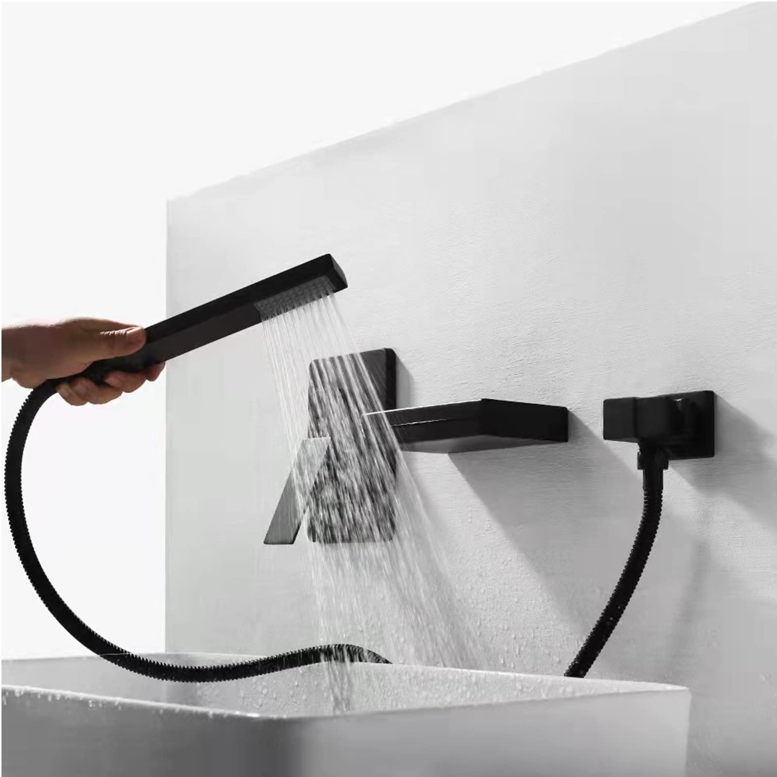 Grifo de bañera Grifo de baño en Cascada con Ducha de Mano Grifo Mezclador para bañera montado en la Pared Agua fría y Caliente Relleno de bañera en Cascada de latón,Negro
