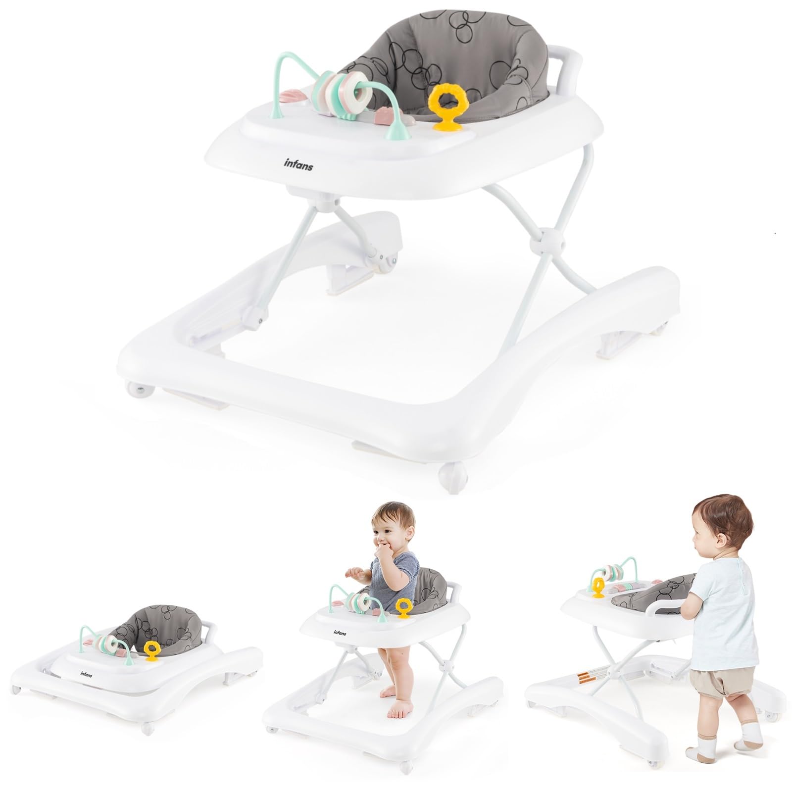 INFANS 3 in 1 Baby Walker, Foldable Leaning Seated Walk Behind with Adjustable Height, Push Handle, Washable Seat Cushion for Boys Girls Toddler (Gray)