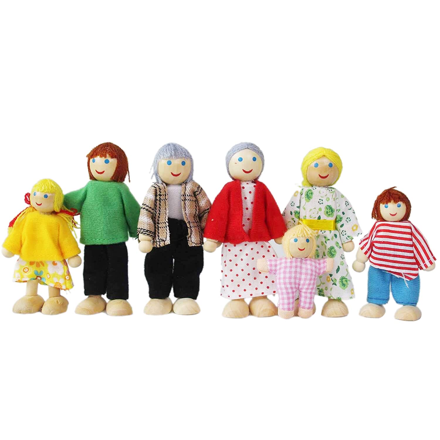 Wooden Doll House Family, 7 Miniature Figures - Dress-Up Characters: Grandpa, Grandma, Mom, Dad, Boy, Girl