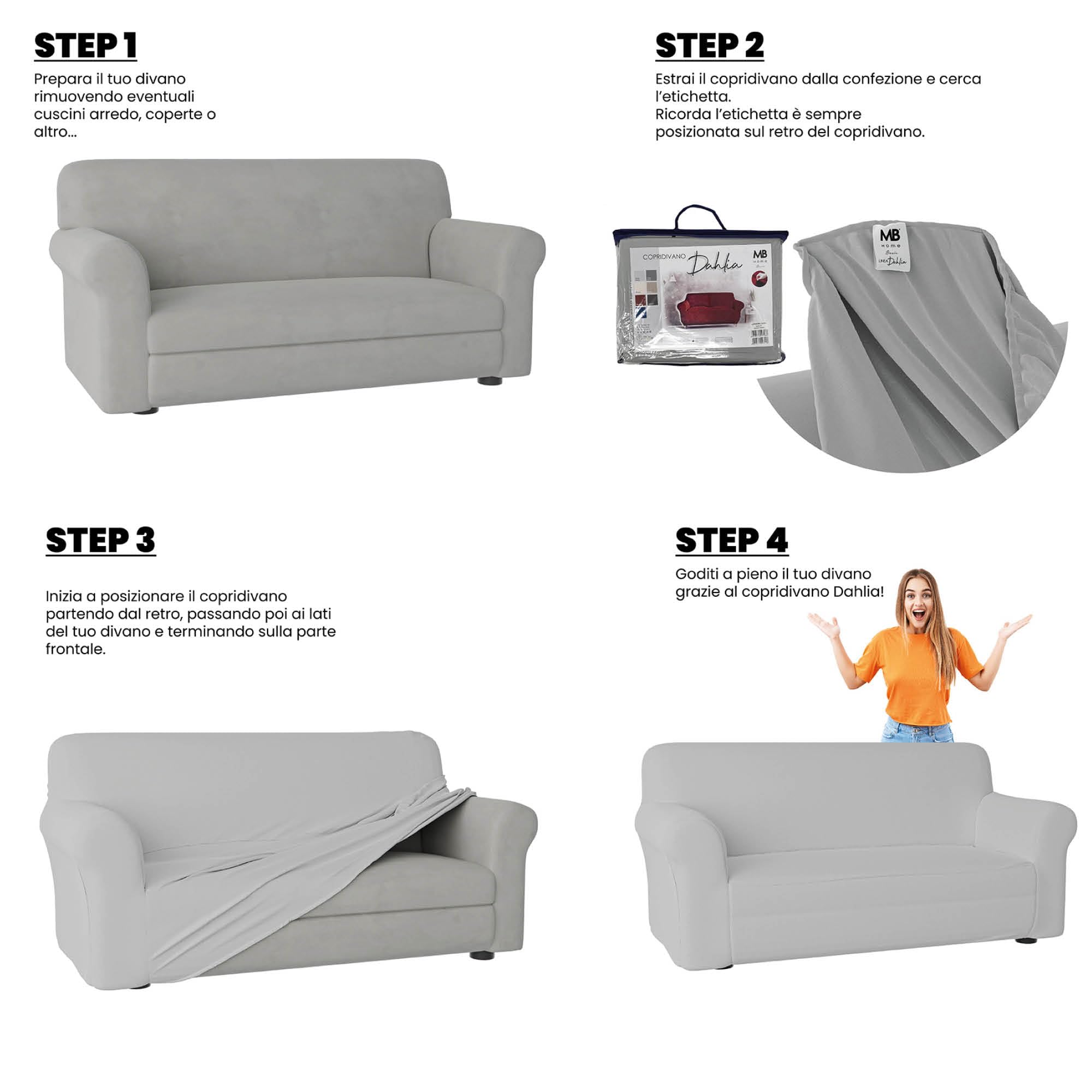 Italian Bed Linen Copridivano Elastico Dahlia – Proteggi Divano Elasticizzato 190–260 cm, 3 posti, Fodera Estensibile - Grigio Chiaro