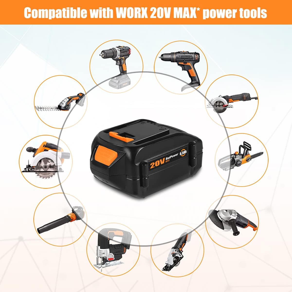 BatPower 6.5Ah 20V Battery Replacement Compatible with Worx 20 Volt Lithium-Ion Cordless Tools, High Performance Battery Pack for 20V Nitro Drills, Hydroshot and Leaf Blowers(1 Pack)