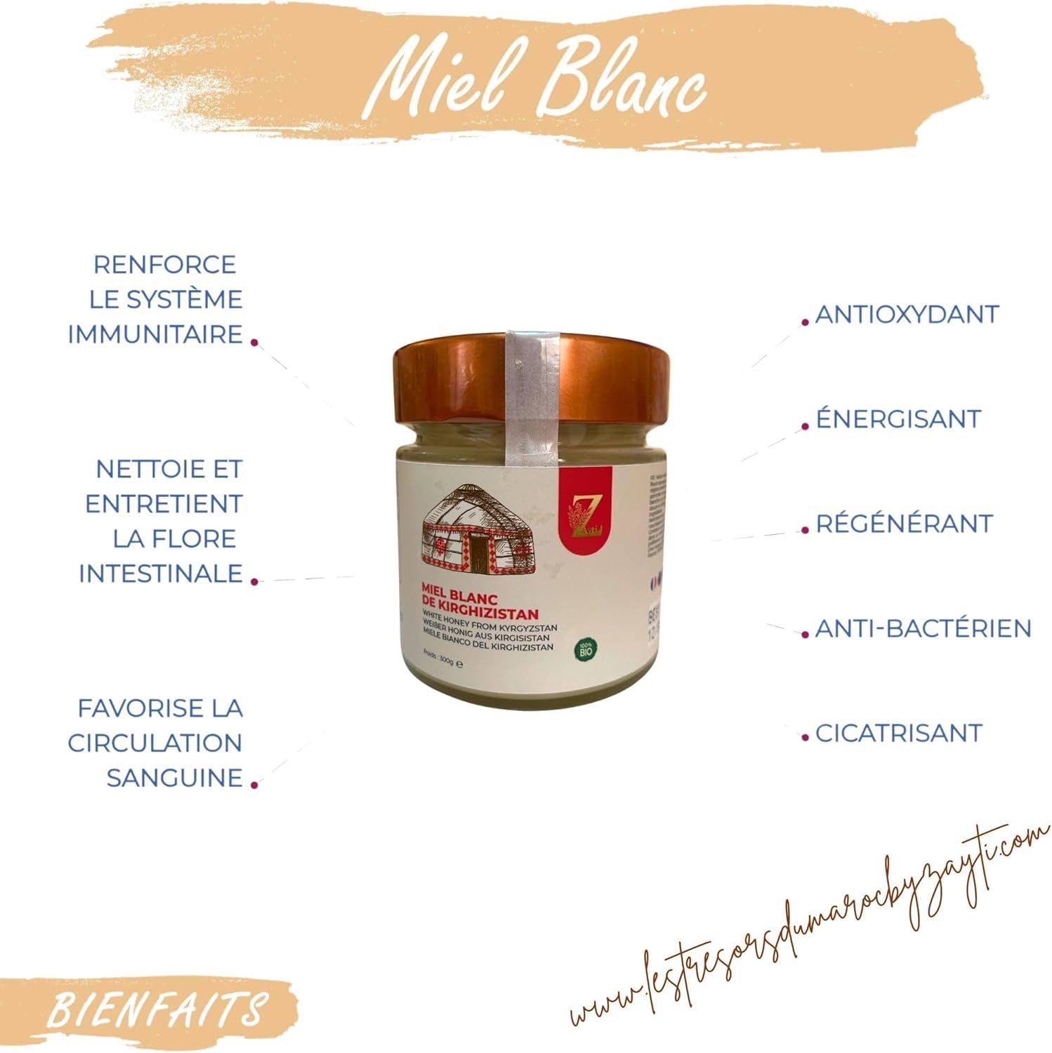 Miel Blanc du Kirghizistan. Miel de Sainfoin, Doux et Parfumé, Miel pur et naturel. Pot de 300g